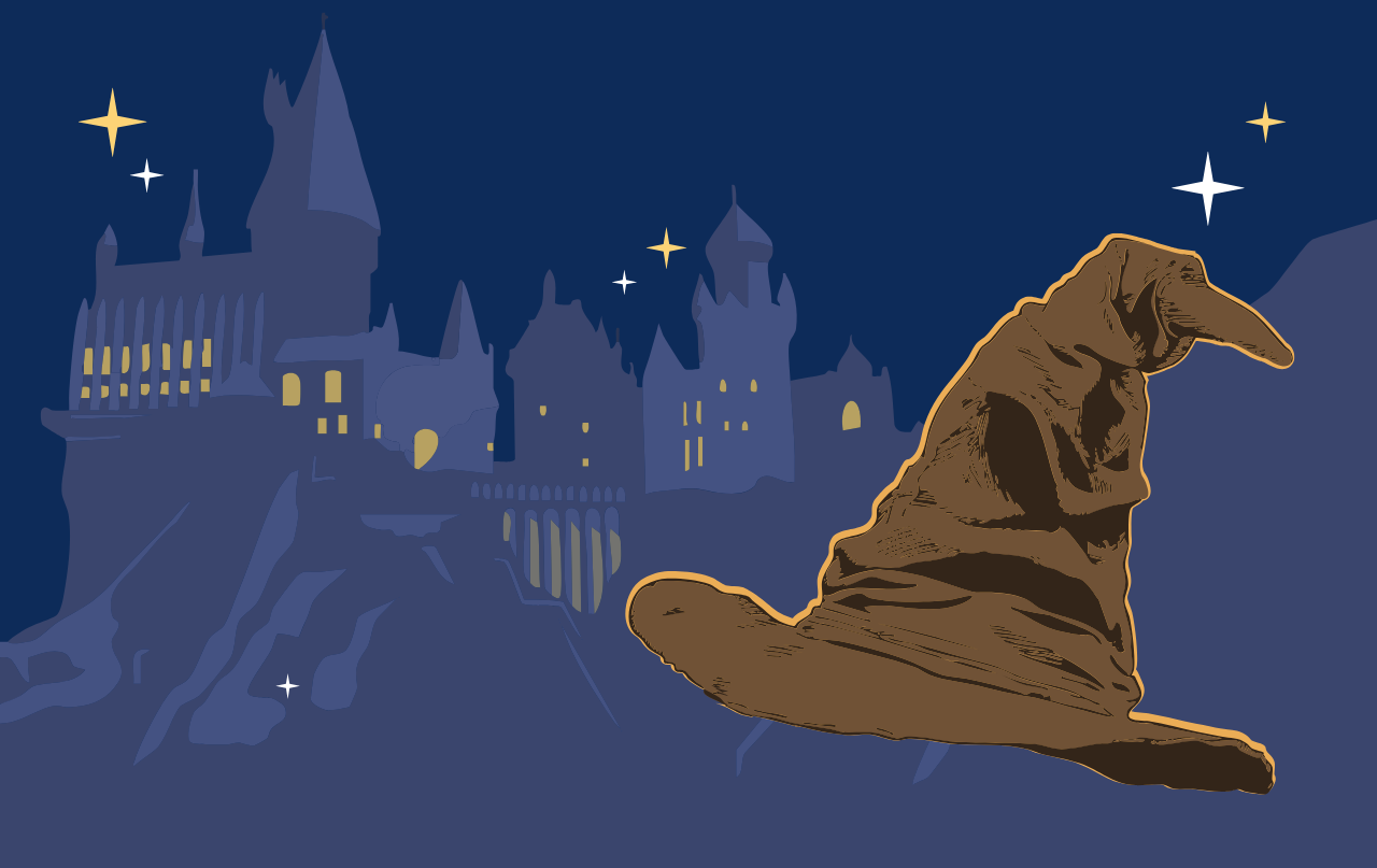 Сортувальний капелюх на фоні Гоґвортса